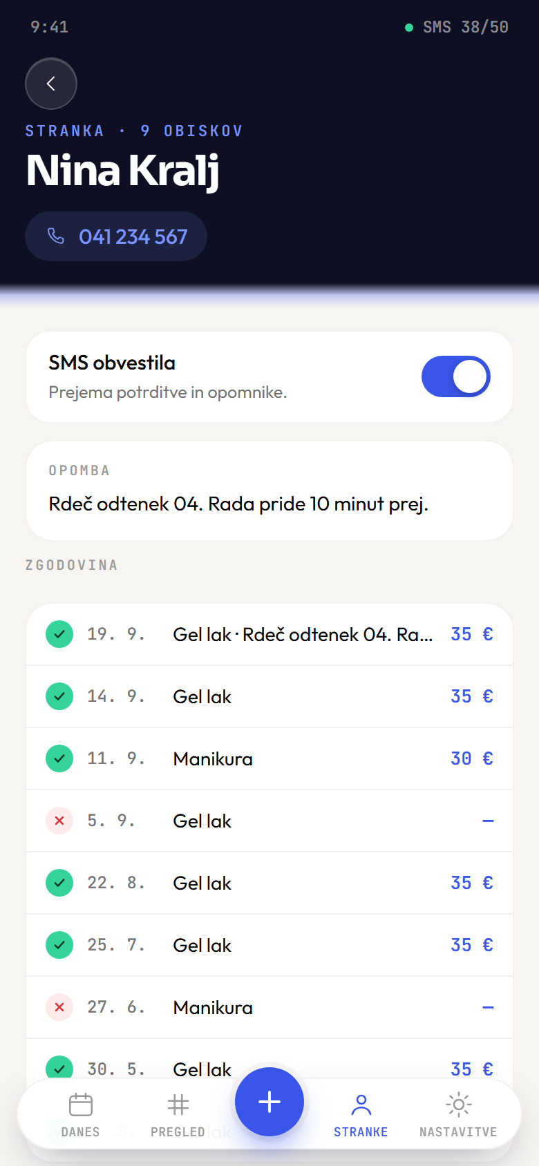 Profil stranke: ime, telefon, opomba in zgodovina obiskov s storitvijo, datumom in ceno.