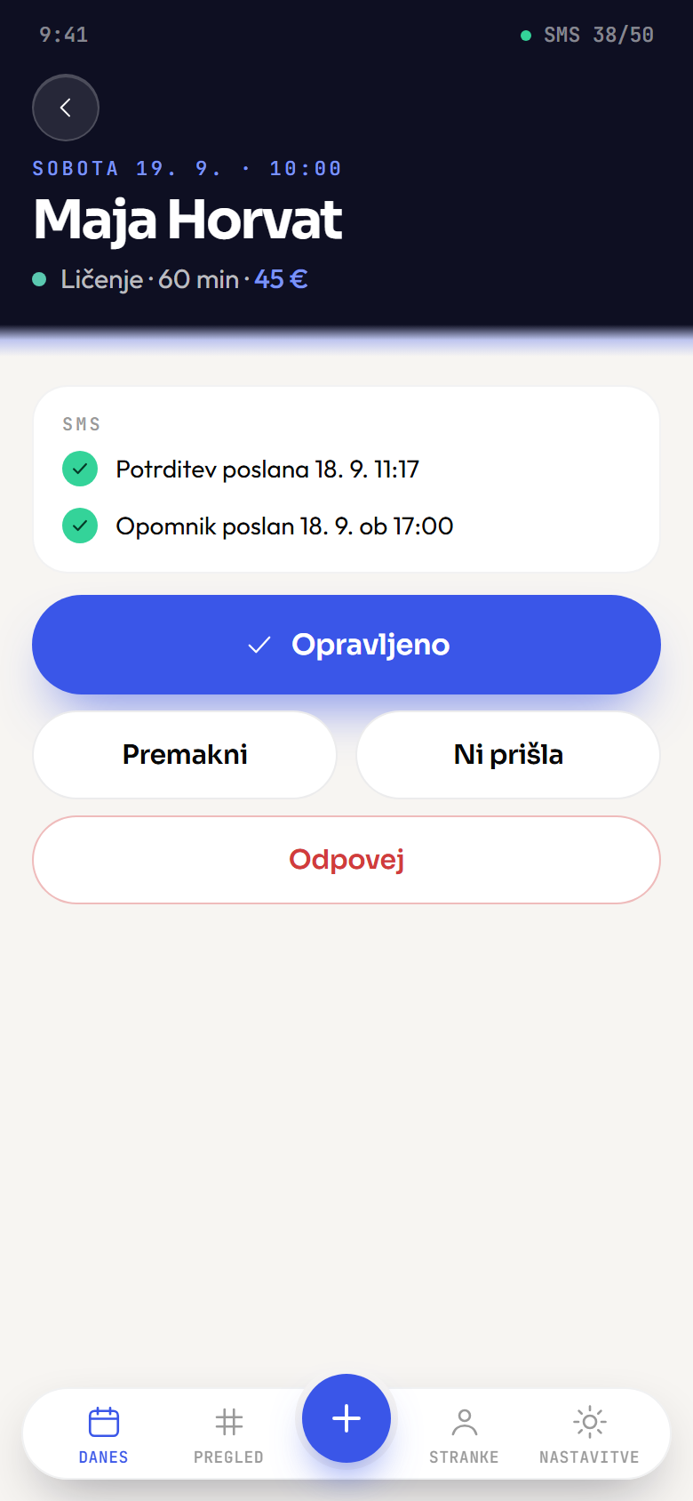 Podrobnosti termina: ime stranke, storitev, opomba, stanje SMS-ov in gumbi Opravljeno, Premakni, Ni prišla in Odpovej.